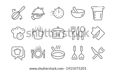 Cooking line icons. Boiling time, Frying pan and Kitchen utensils. Fork, spoon and knife line icons. Recipe book, chef hat and cutting board. Linear set. Vector