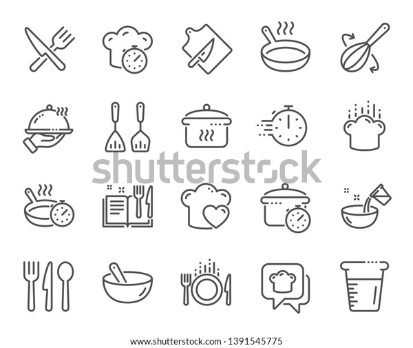 Cooking\
line icons. Boiling time, Frying pan and Kitchen utensils. Fork,\
spoon and knife line icons. Recipe book, chef hat and cutting\
board. Cooking book, frying time, hot pan.\
Vector