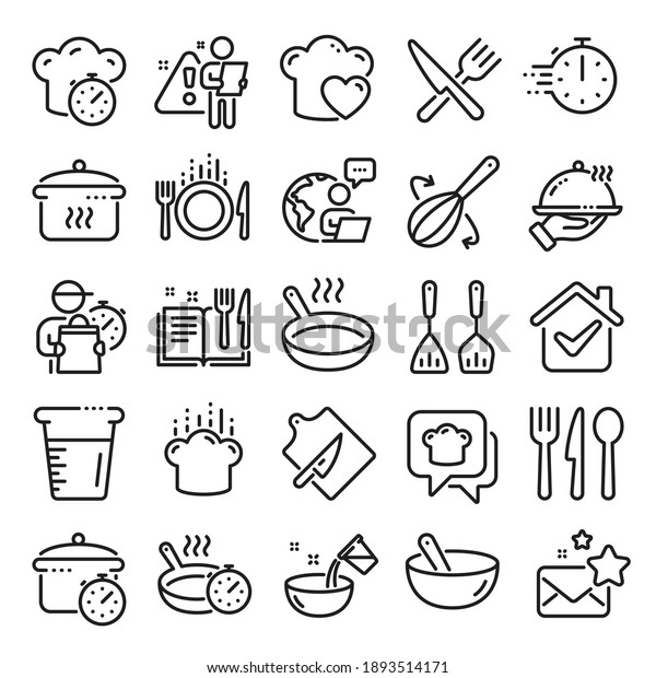 Cooking line icons. Boiling time, Frying pan and\
Kitchen utensils. Fork, spoon and knife line icons. Recipe book,\
chef hat and cutting board. Cooking book, frying time, hot pan.\
Line icon set. Vector