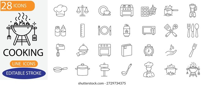 Symbole der Kochzeile. Mit Symbolen für Küchenchef, Grill, Herd, Utensilien und Geräte. Perfekt für Menüs, Rezepte und kulinarische Projekte.
