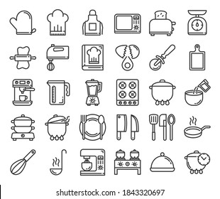 Cooking line icons. Line icon set of Cooking elements. Chef cooking. Contains such Icons as Kitchen Utensils, Boiling and Frying Time, Cookbook and more.