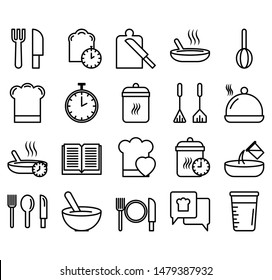 Cooking line icons. Kitchen utensils. Fork, spoon and knife line icons. Vector