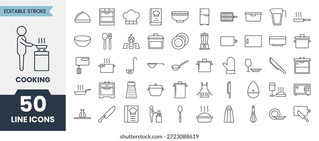 Die Symbole der Kochzeile sind mit einem bearbeitbaren Strich gesetzt. Enthaltend Utensilien, Gabel, Mikrowelle, Messer, Rezeptbuch, Herd, Pfanne und mehr. Vektorgrafik