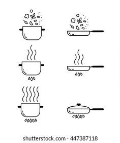 Cooking Line Icons Set. Food Preparation Design Elements. Pots Isolated On White Background