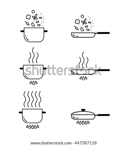 Cooking line icons set. Food preparation design elements. Pots isolated on white background