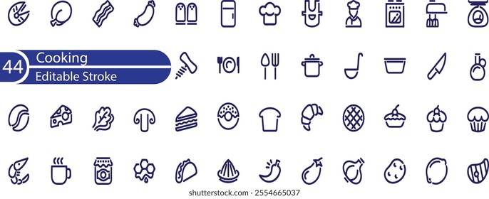 Cooking line icons set. Kitchen utensils, chef hat, cooking book