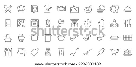 Cooking line icons set. Kitchen utensil - pan, oven, cookbook, saucepan, weight, chef hat, blender, glass crockery, casserole vector illustration. Outline signs for food recipe. Editable Stroke