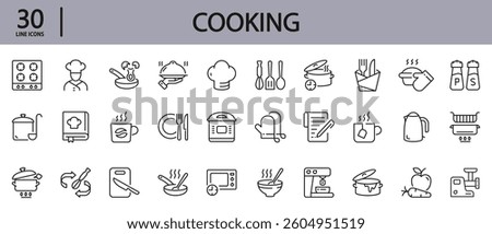Cooking line icons set with Kitchen, Pot, Food, Recipe, Utensil, Baking and more. Editable Stroke