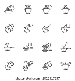 Cooking line icons set, outline vector symbol collection, linear style pictogram pack. Signs, logo illustration. Set includes icons as kitchen utensils, boiling time, cutting board, frying pan, pour