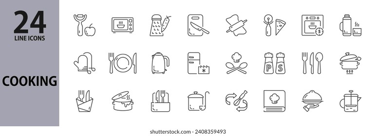 Cooking line icons set with Pot, Fork, Spoon, Plate, Peeler, Kettle, Oven, Box Grater, Freezing, Mixing, Boiling, Cutting, Dish, Chef's Hat and more. Editable Stroke