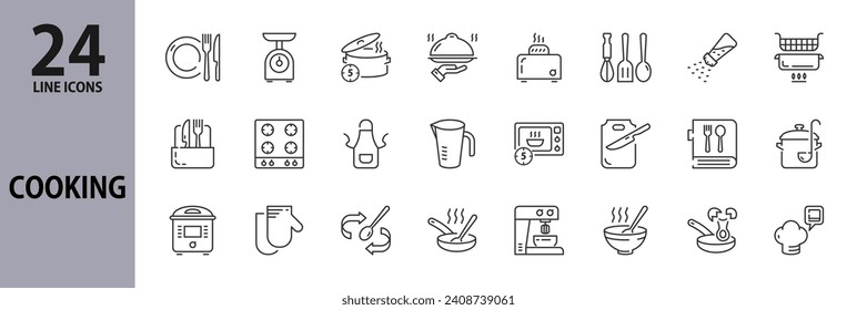 Cooking line icons set with Pot, Fork, Spoon, Plate, Microwave, Mixing, Boiling, Cutting, Dish, Chef's Hat, Scales, Skillet, Food Processor, Multicooker, Jug, Recipe Book and more. Editable Stroke