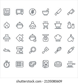Cooking Line Icons stock illustration. The vector image depicts such icons as Pastry Brush, Spatula, Whisk, Rolling Pin, Frying Pan, Kitchen Knife, Paddle, Fork, Cooker Hood, Grill, Pan, Bowl