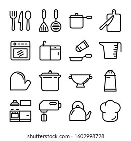 Cooking line icons vector. Boiling time, Frying pan and Kitchen utensils. Fork, spoon and knife line icons. Recipe book, chef hat and cutting board. Cooking book, frying time, hot pan.