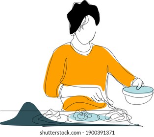 Ilustración de línea de cocción con forma líquida. el concepto de mujer sosteniendo un tazón, perfecto para publicidad, aplicación móvil, desarrollo, folletos, sitios web