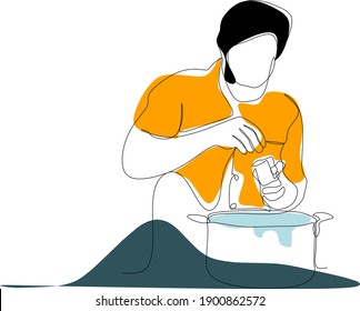 Cooking line illustration with liquid shape. the concept of a man putting spices in the pot, perfect for advertisements, mobile apps, development, brochures, websites