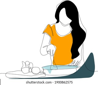 Cooking line illustration with liquid shape. the concept of a woman stirring vegetables in a pot, perfect for advertising, mobile apps, development, brochures, websites