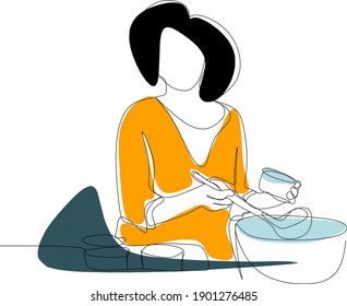 Cooking line illustration with liquid shape. the concept of a woman taking vegetables from the pot, perfect for advertising, mobile apps, development, brochures, websites