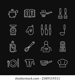 Cooking line white icon set on black background. Vector collection with pan, scales, cookbook, dish, knife, cutting board, potholder, toque. Editable stroke.