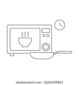 Ícone linear de cozimento isolado no fundo transparente. Instrução para cozinhar com micro-ondas com placa com vapor dentro e frigideira, relógio simples ou ícone do tempo de cozimento.
Traçado editável.