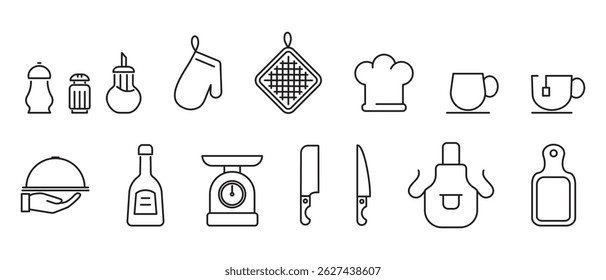 Cooking linear icons isolated on transparent background. Kitchen appliances and cooking accessorizes line icons. Editable Stroke.