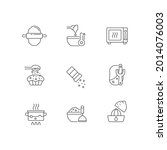 Cooking linear icons set. Cookery steps. Homemade meals. Recipe for dinner. Food preparation instructions. Customizable thin line symbols. Isolated vector outline illustrations. Editable stroke