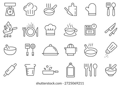 Conjunto de ícones de maruca de cozinha. Linha de receita Blog, equipamentos, cozinha Preparação culinária, Restaurante Menu Design, Serviços Alimentares, Ferramentas Chef, Cozinhar em casa.  Ilustração vetorial.