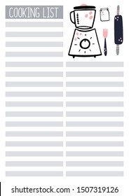 Cooking list A4 printable page for planner, diary, notebook or organiser. 