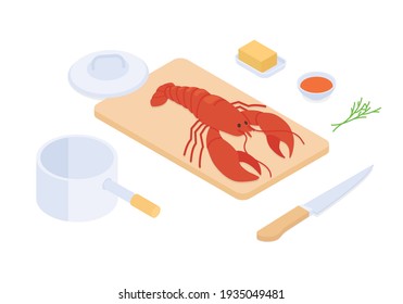Cooking lobster set. Isometric vector illustration in flat design.
