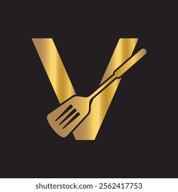 Cooking Logo combine with letter V vector template