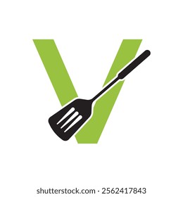 Cooking Logo combine with letter V vector template