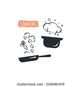 Diseño de logotipo de cocina con dibujo de icono de olla y sartén. Ilustración vectorial de sombrero de chef y verduras alimentarias