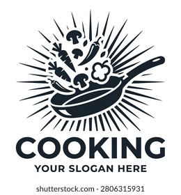 Cooking logo with frying pan and vegetables cooking your slogan here icon