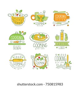 Cooking logo original design, cooking with love badge for restaurant or home kitchen hand drawn vector Illustration on a white background