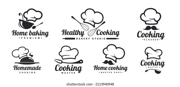 Cooking logo set with Chef hats, mustache and kitchen tools. Home baking, healthy cooking, homemade . Kitchen phrases. Vector Illustration