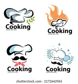 Cooking logo set Logo for cooking class with chef hat, fire spirit and also forage leaves. Typography Culinary school, food studio, cooking class