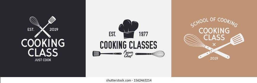 Cooking logo set. Logo for cooking classes with spatula and whisk. Typography Culinary school, food studio, cooking courses. Vector logo, poster, label, sticker template.