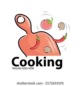 Logo de la cocina con verduras frescas y especias sobre una mesa de madera. logotipo de cocinero e icono