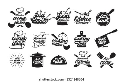 Cooking logos or emblem set in lettering style. Bon appetit.  Cook, chef, kitchen utensils icon or logo. Handwritten  vector illustration - Vector