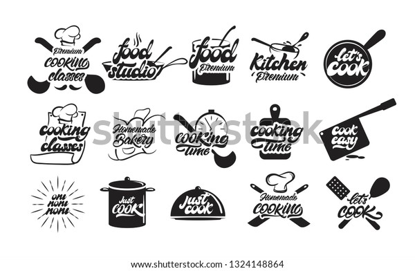 文字スタイルのクッキングロゴまたはエンブレムセット お願いします 料理人 料理人 調理器具のアイコン ロゴ 手書きのベクターイラスト ベクター画像 のベクター画像素材 ロイヤリティフリー
