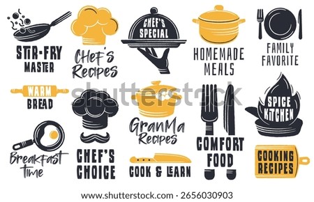 Cooking Logos. Large set of cooking logos for food blog, culinary branding, label or kitchen design. Chef, pan, knife, pot, fork, plate logos. Vector illustration.