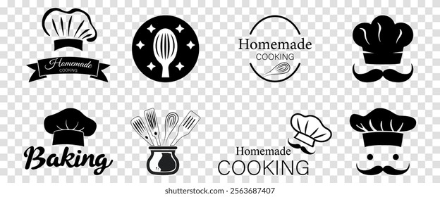 Cooking logos set. Chef hats, mustache and kitchen tools. Vector illustration isolated on transparent background
