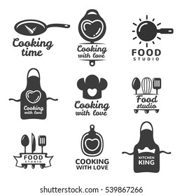 Cooking logos set. Food studio vector logo concept. Kitchen tools. Food icon. Food and Cooking logo. Restaurant vector logo template. Cafe logo. Pan icon.