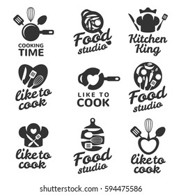 Cooking logos set. Food studio vector logo concept. Kitchen tools. Food icon. Food and Cooking logo. Restaurant vector logo template. Cafe logo. Pan icon.