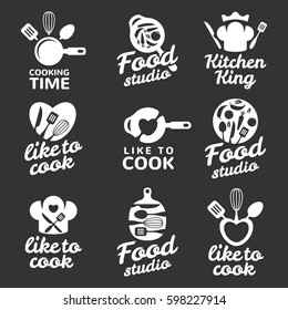 Cooking logos set. Food studio vector logo concept. Kitchen tools. Food icon. Food and Cooking logo. Restaurant vector logo template. Cafe logo. Pan icon.