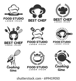 Cooking logos set. Food studio vector logo concept. Kitchen tools. Food icon. Food and Cooking logo. Restaurant vector logo template. Cafe logo. Pan icon.