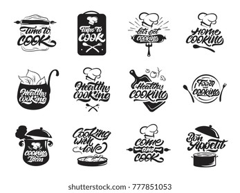 Cooking logos set. Healthy . Bon appetit.   Cook, chef, kitchen utensils icon or logo. Handwritten lettering vector illustration