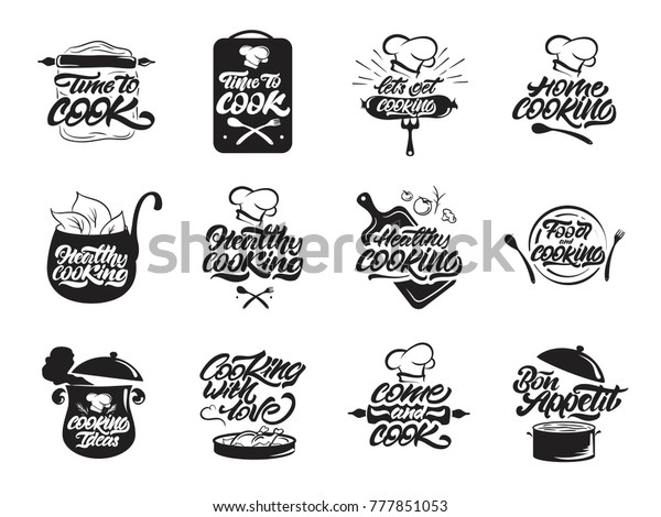 料理用ロゴセット 正常 お願いします 料理人 料理人 調理器具のアイコン ロゴ 手書きの文字のベクターイラスト のベクター画像素材 ロイヤリティフリー