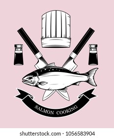 Cooking logos vector by hand drawing.Salmon art highly detailed in line art style.Salmon fish on knife background.Black and white fish vector on vintage background.Salmon fish sketch for tattoo