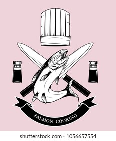 Cooking logos vector by hand drawing.Salmon art highly detailed in line art style.Salmon fish on knife background.Black and white fish vector on vintage background.Salmon fish sketch for tattoo