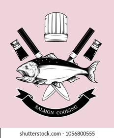 Cooking logos vector by hand drawing.Salmon art highly detailed in line art style.Salmon fish on knife background.Black and white fish vector on vintage background.Salmon fish sketch for tattoo